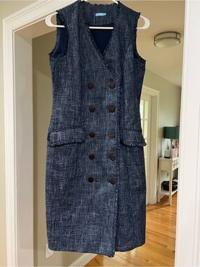J. McLaughlin Navy Textured Double-Breasted Midi Dress